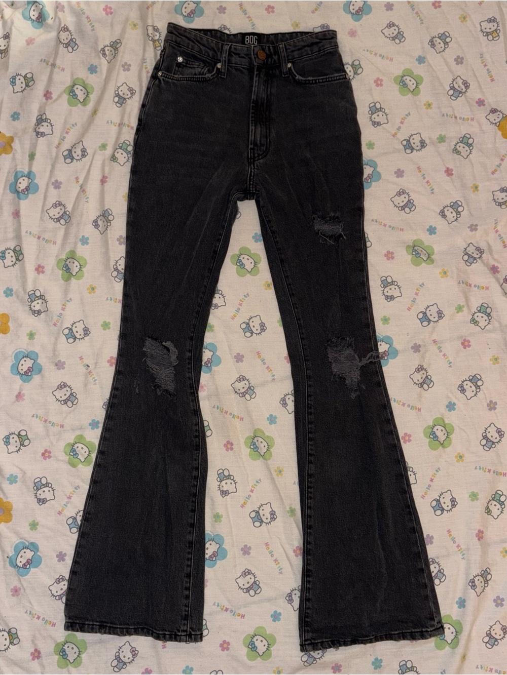 high waisted dark grey distressed flare jeans